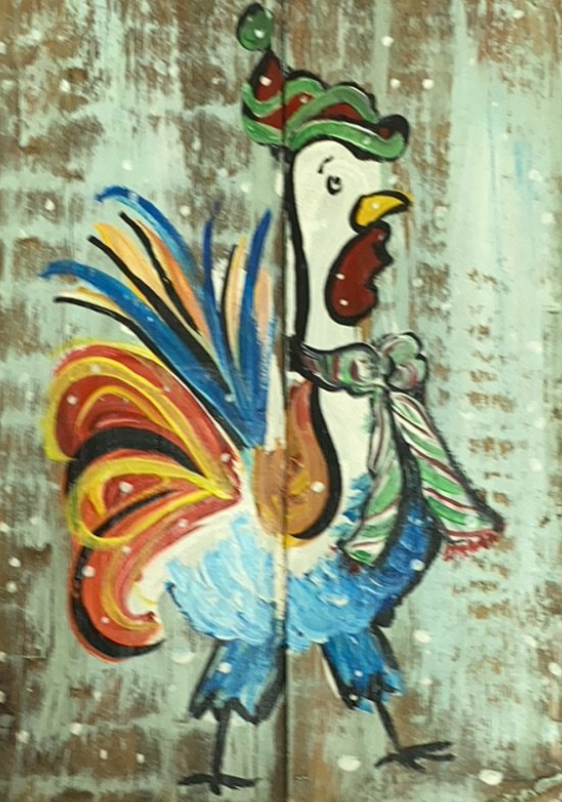 Christmas Rooster original artwork on  reclaimed wood