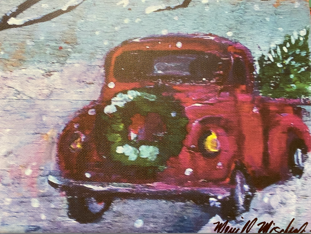 Red Truck with Tree. 8” x 12” canvas print