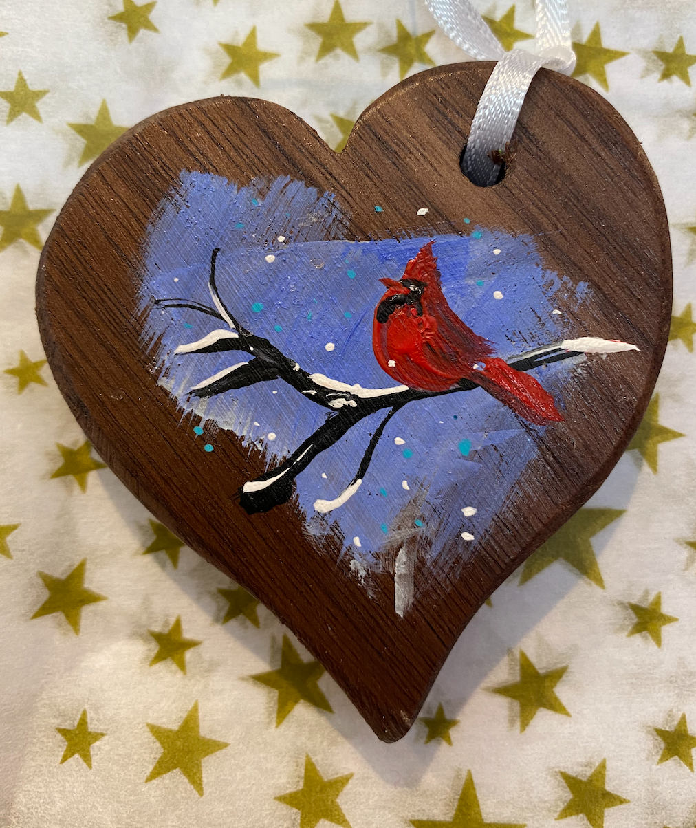 Hand Painted Black Walnut Heart Ornament - Cardinal in Snow #4