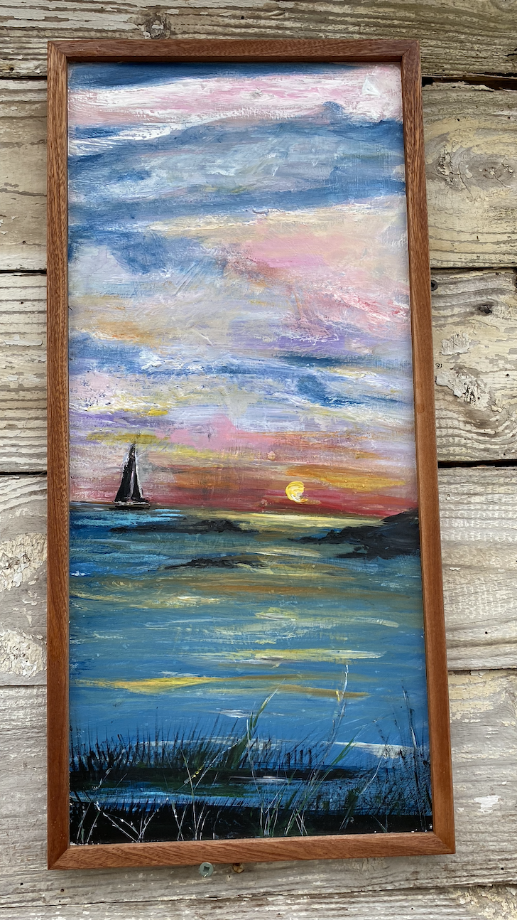 Original Painting on Reclaimed Wood of Sailboat at Sunset