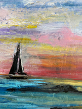 Load image into Gallery viewer, Original Painting on Reclaimed Wood of Sailboat at Sunset
