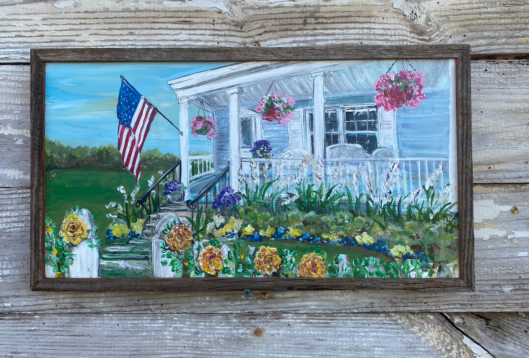 Porch with Flag. Original reclaimed wood painting.
