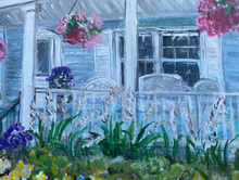 Load image into Gallery viewer, Porch with Flag. Original reclaimed wood painting.
