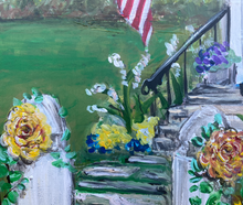 Load image into Gallery viewer, Porch with Flag. Original reclaimed wood painting.
