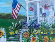 Load image into Gallery viewer, Porch with Flag. Original reclaimed wood painting.
