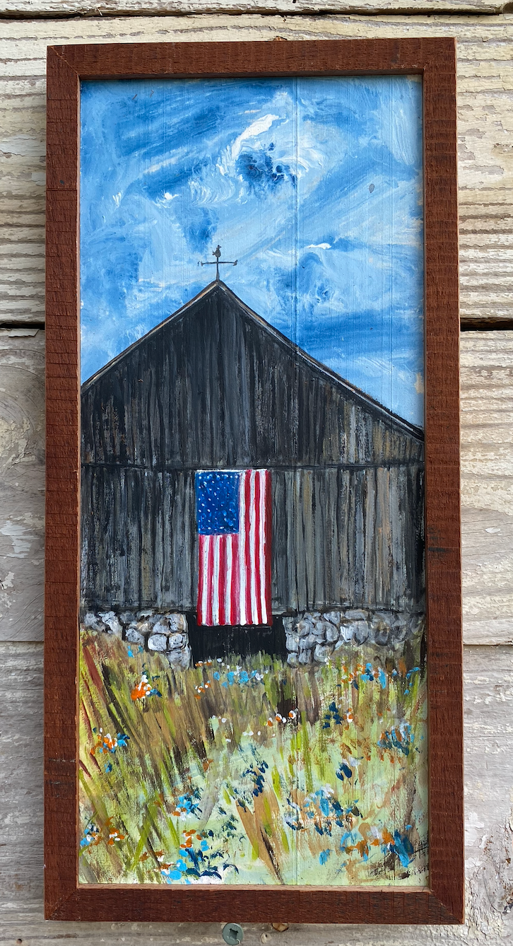 Barn with Flag #27 reclaimed pallet wood painting