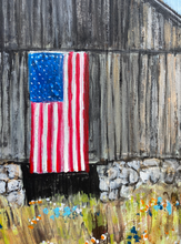 Load image into Gallery viewer, Barn with Flag #27 reclaimed pallet wood painting

