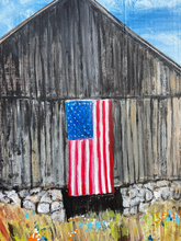 Load image into Gallery viewer, Barn with Flag #27 reclaimed pallet wood painting
