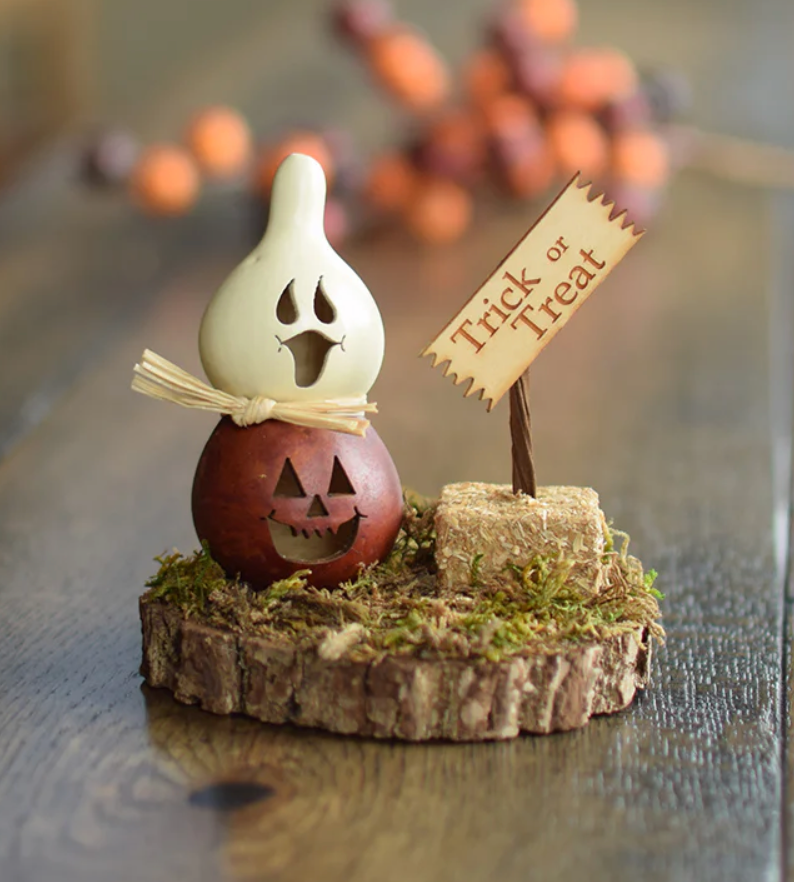 Trick or Treat Casper Jack Scene Decorative Halloween Gourds - Handcrafted 3.5 tall