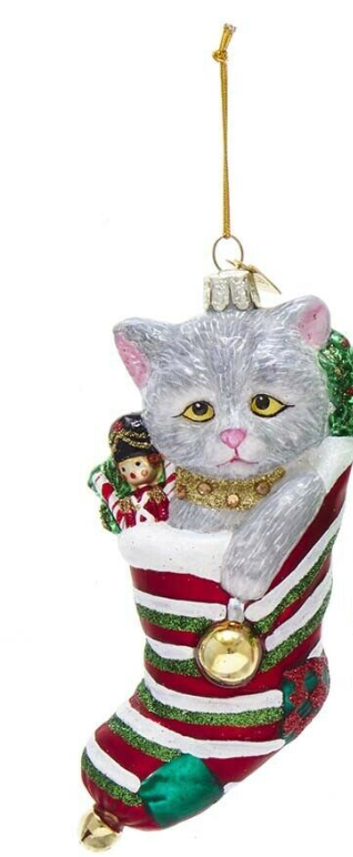 Stocking with Cat Glass Ornament - Noble Gems