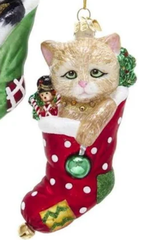 Stocking with Cat Glass Ornament - Noble Gems