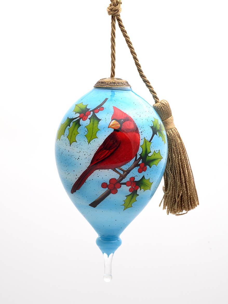 Cardinal on Holly Branches Glass Hanging Ornament