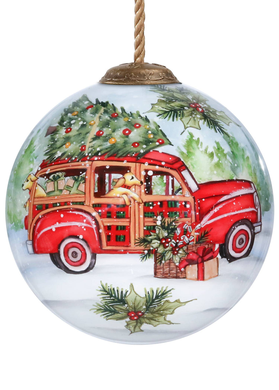 I'll Be Home for Christmas Red Wagon Glass Christmas ornament - Hand Painted