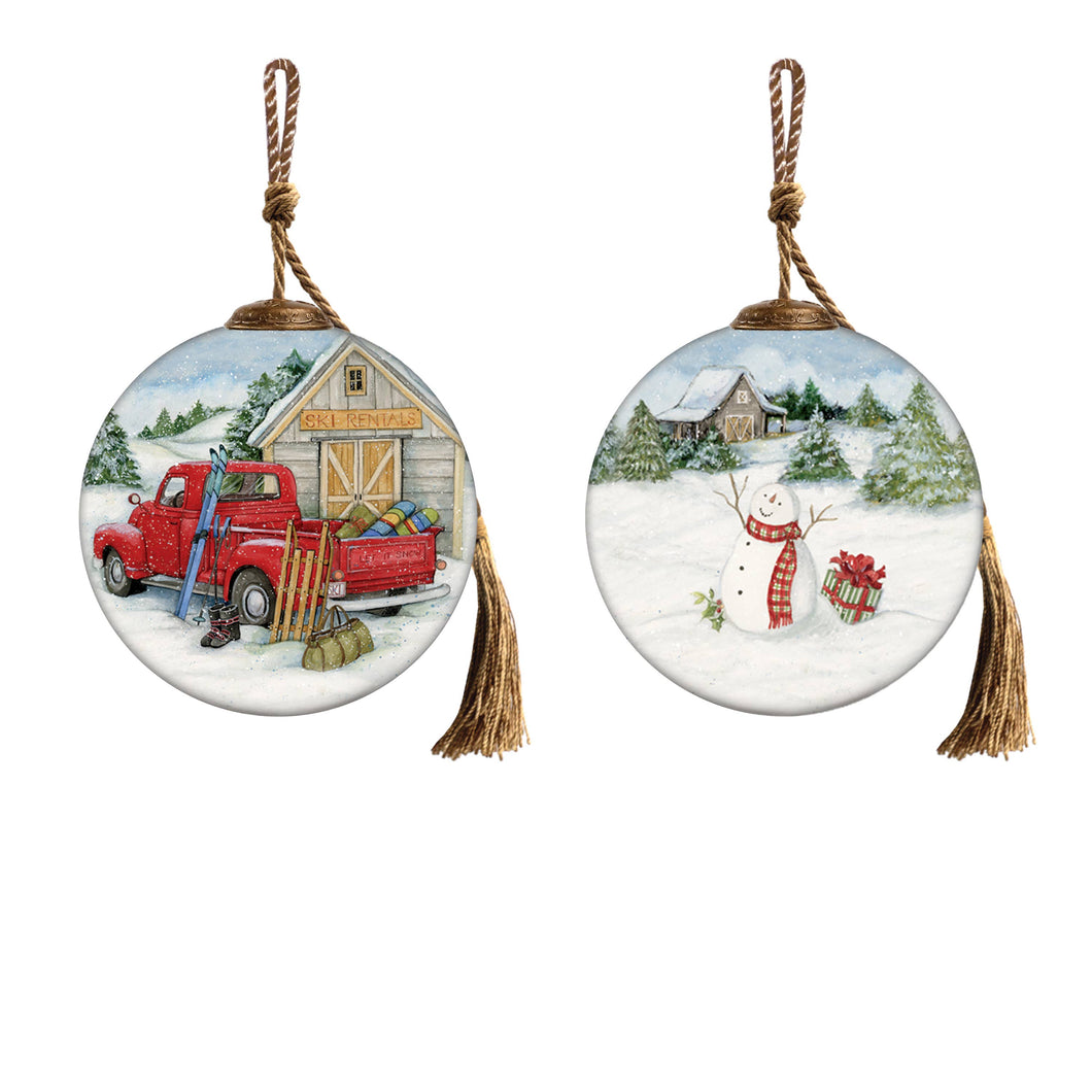 Ski Rentals Ski Christmas Glass ornament - Hand Painted