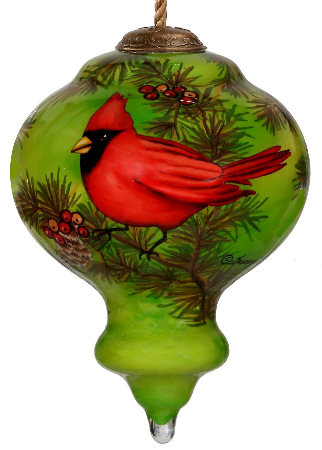 Cardinal and Poinsettia Glass Christmas Ornament  - Hand Painted