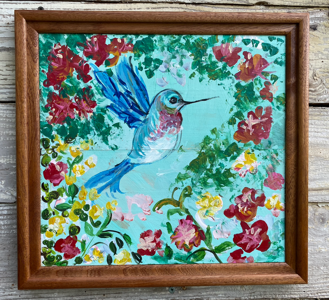 Hummingbird #17 Beautifully framed. Original reclaimed wood painting.